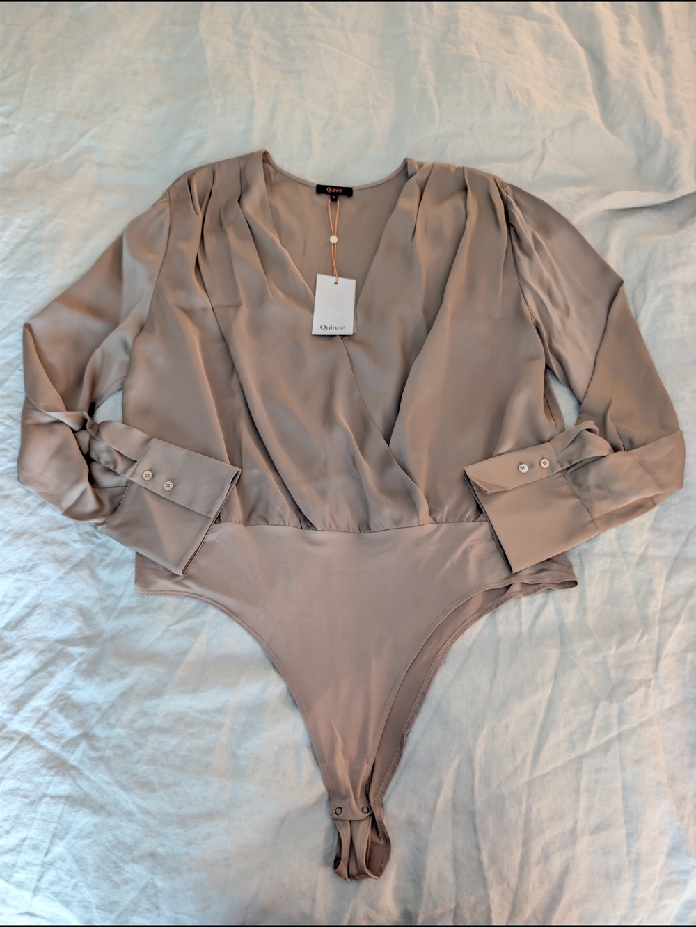 Quince Washable Stretch Silk Surplice Body Suit XL Morel Gray NWT